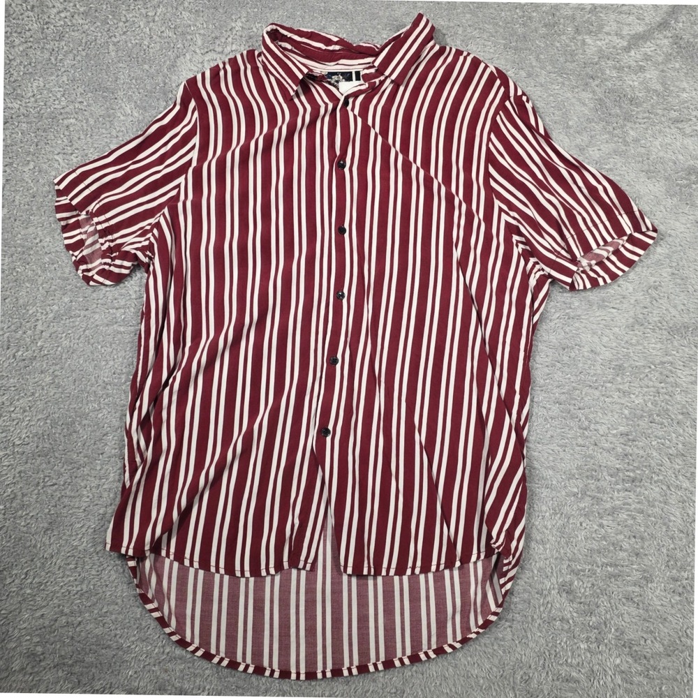 Cactus Man Button Down Mens Large Burgundy Striped Short Sleeve Shirt